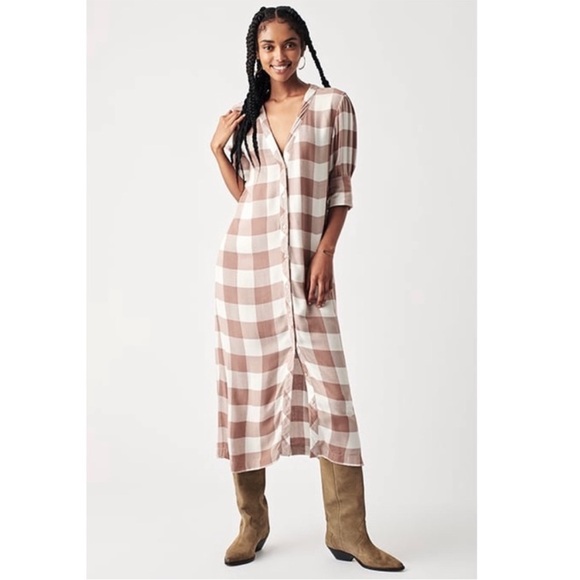 Faherty Dresses & Skirts - VGUC Faherty Helena dress buffalo check brown white button up pockets Small